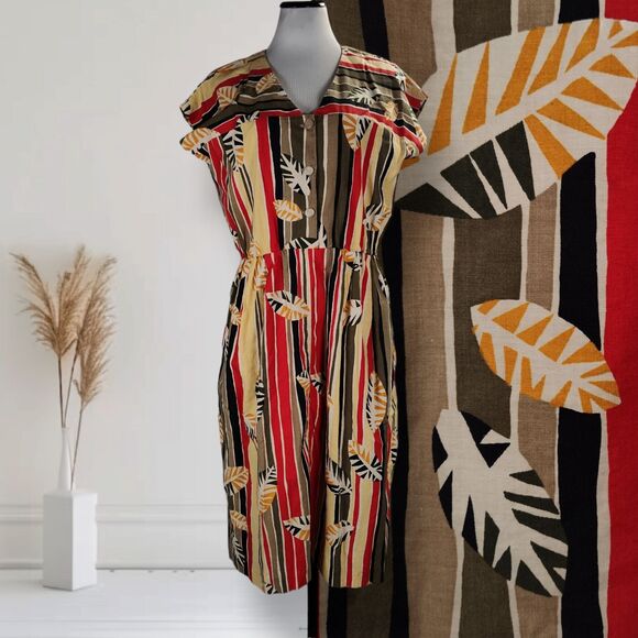 Vintage 80s Dolman Sleeve Midi Dress Size L Striped Leaf Safari Print - Picture 1 of 11